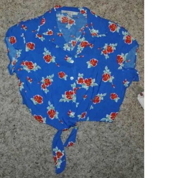Womens Crop Top Adam Levine Blue Floral Large Short Sleeve Button Camp Tie Hem - Picture 2 of 3